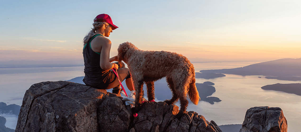 woman on mountain with dog