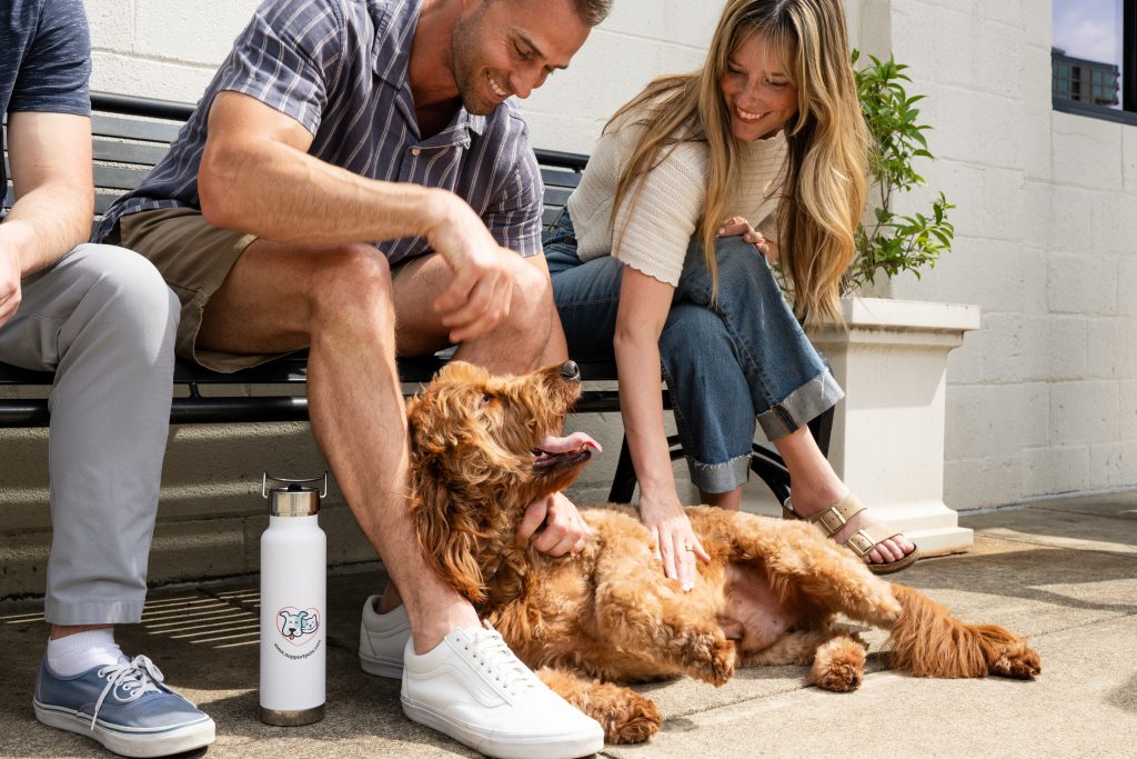 3 friends petting a happy dog on the ground