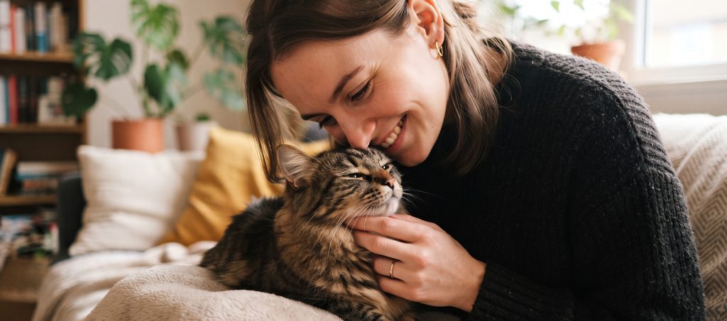 A smiling woman nuzzles a relaxed tabby cat resting on a blanket in her cozy living room.