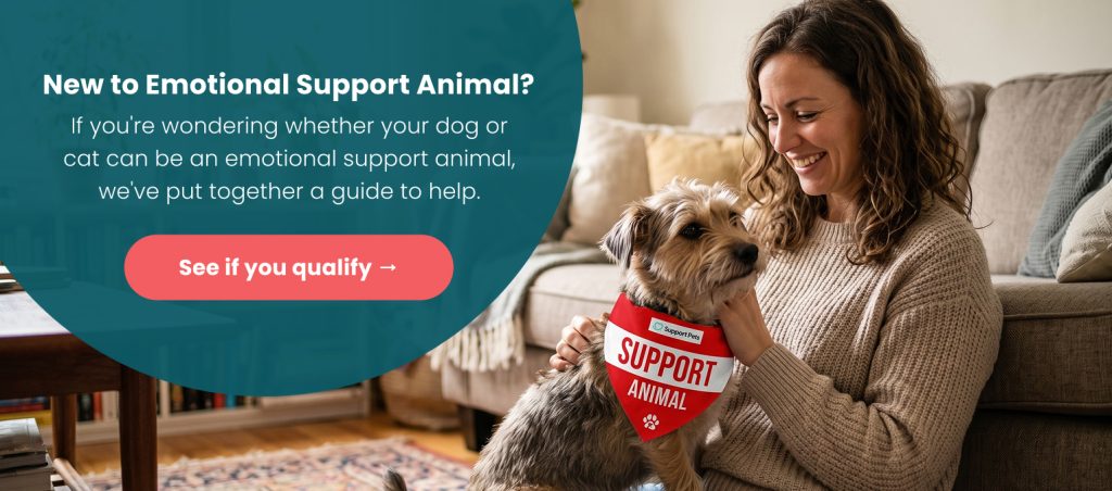 Woman smiling at her dog wearing a red Support Animal bandana, with a call to see if you qualify for an emotional support animal