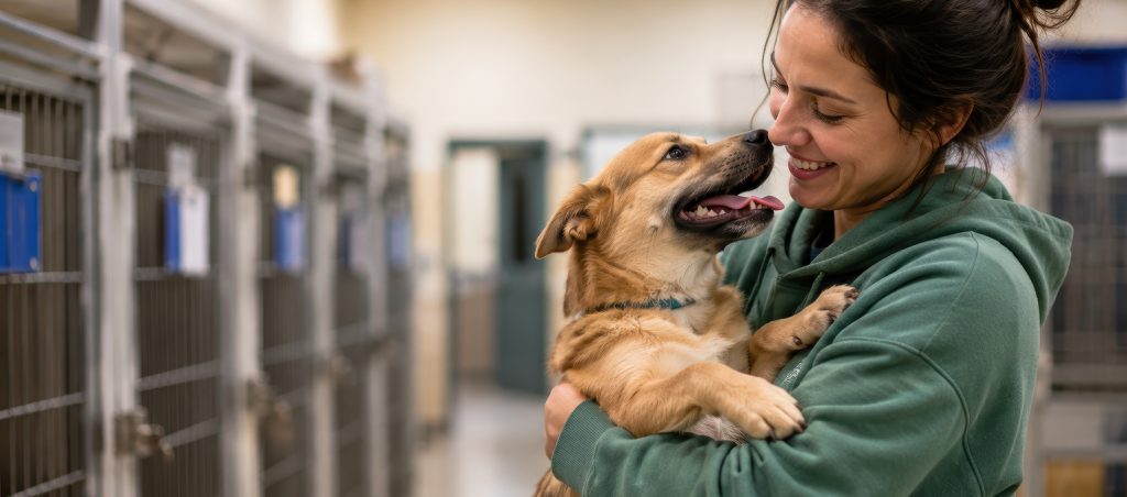 Smiling shelter volunteer in a green hoodie holding a happy tan rescue dog in an animal shelter kennel hallway