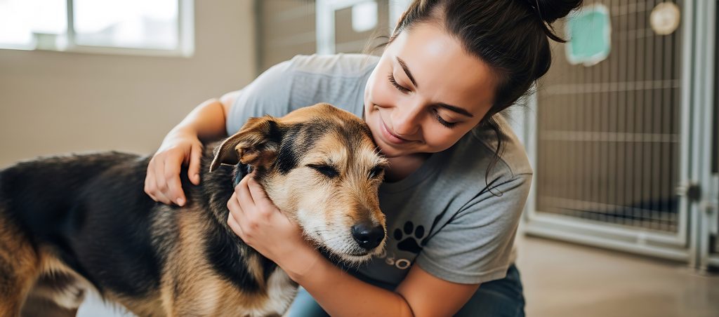 Animal shelter volunteer gently hugging a senior rescue dog with closed eyes inside a dog rescue facility