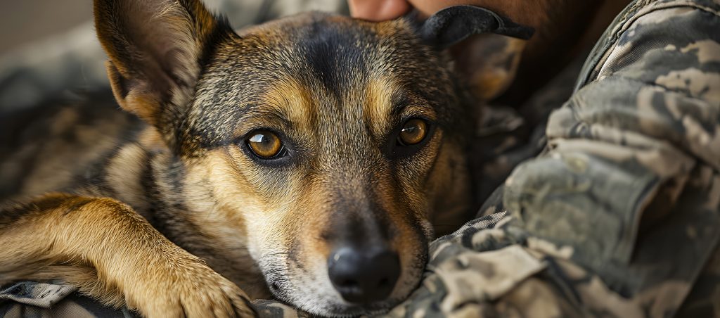 Close-up of a tan and black dog with amber eyes resting its paw on a person wearing a camouflage uniform.