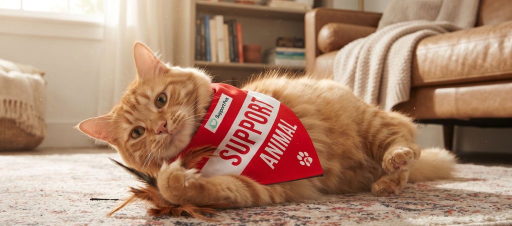Orange cat wearing a red support animal vest lying on a couch