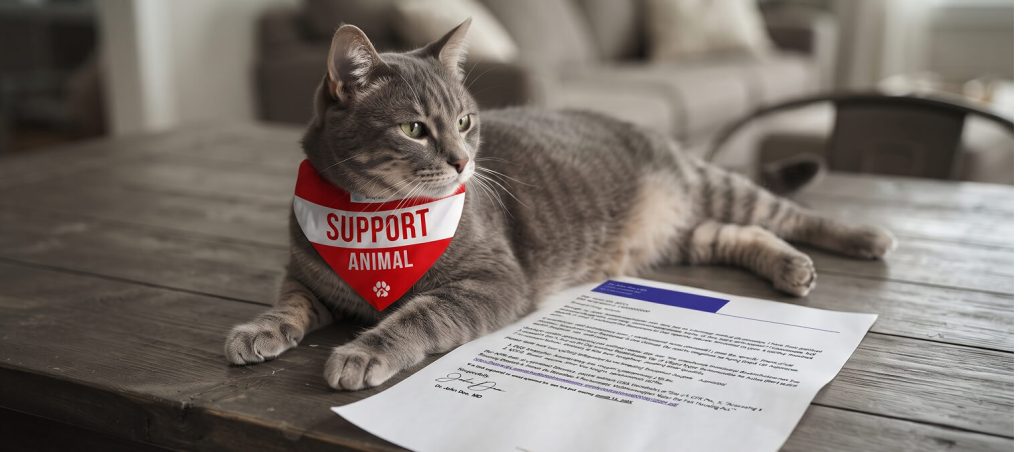 Gray cat wearing a red support animal vest lying next to an open laptop