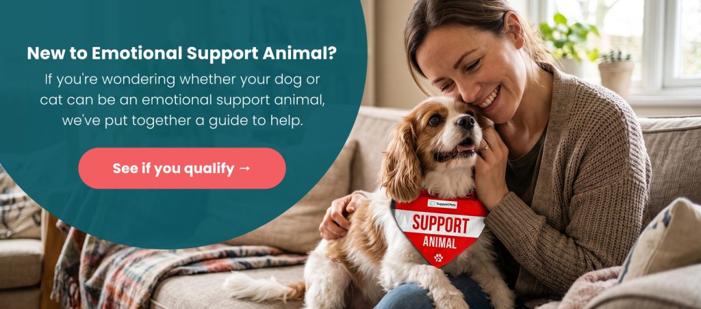 Smiling woman hugging her dog wearing a red Support Animal bandana, with a call to see if you qualify for an emotional support animal