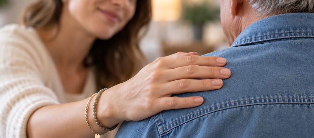 Close-up of a woman’s hand resting comfortingly on a man’s shoulder, showing mental health support and compassion