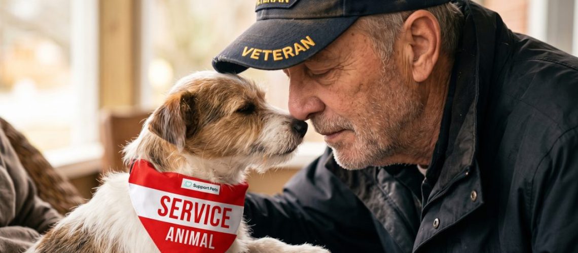 Veteran in a dark cap and jacket touching noses with a small terrier-mix dog wearing a red Support Pets service animal bandana.